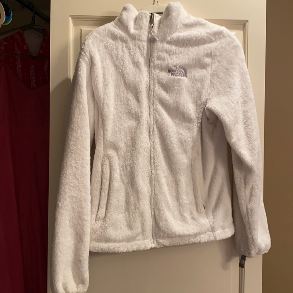 White furry north face jacket